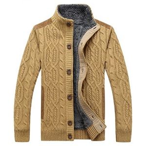 NEW Men’s Khaki Stand Collar Cable Knit Cardigan